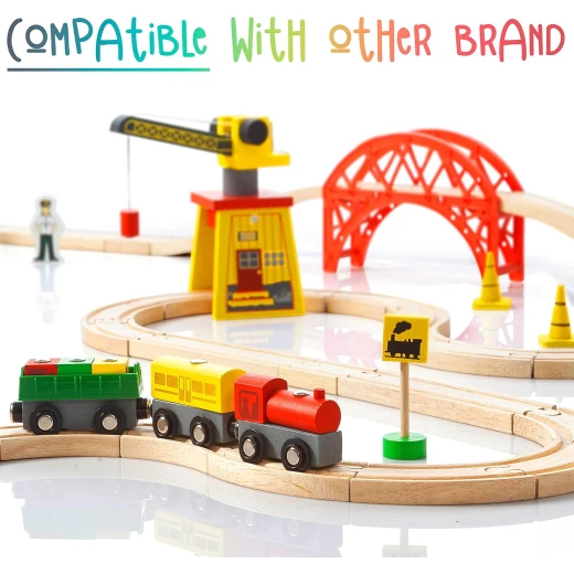 Onshine Wooden Train Set for Boys Aged 2 to 7 – 70 Pieces with Crane, Bridge, and Train Tracks – Wooden Train Toys for Boys and Girls Aged 2+ - Rs Toys - Image 8