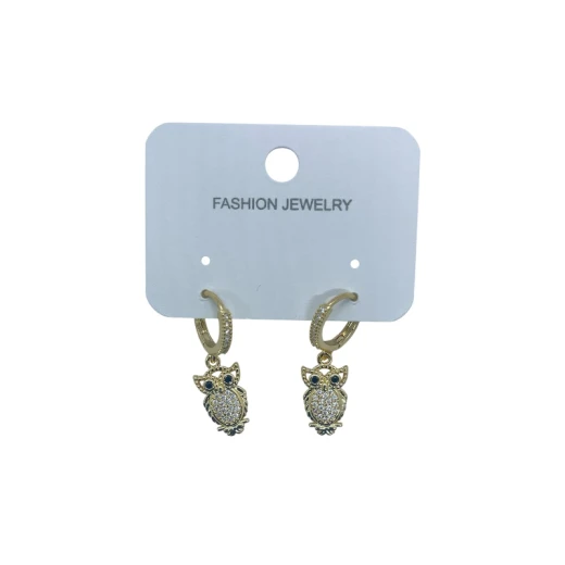 AURA Gold earrings featuring a crystal-studded hoop and a sparkling owl charm with bold black eyes – color guaranteed